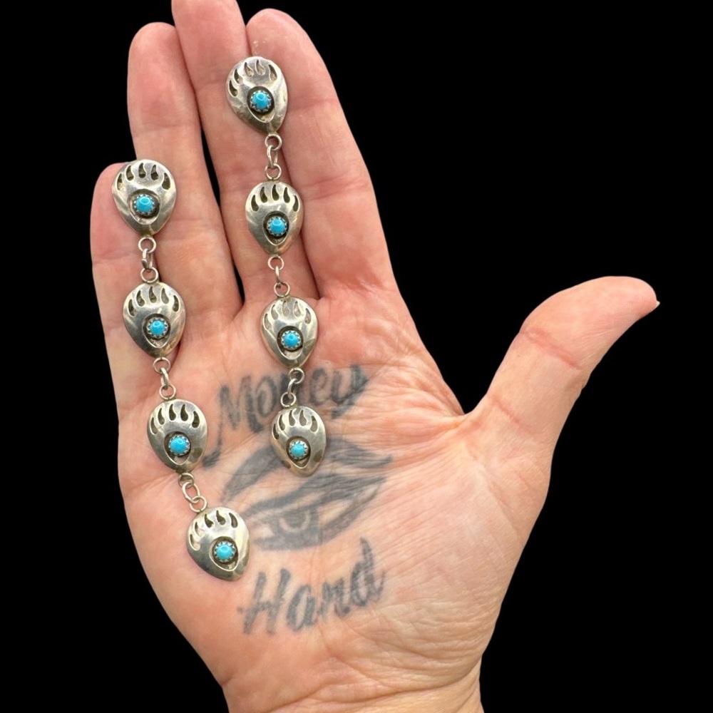 Vintage Sterling Silver Navajo Bear Paw Shadowbox Dangle Duster Earrings 4”